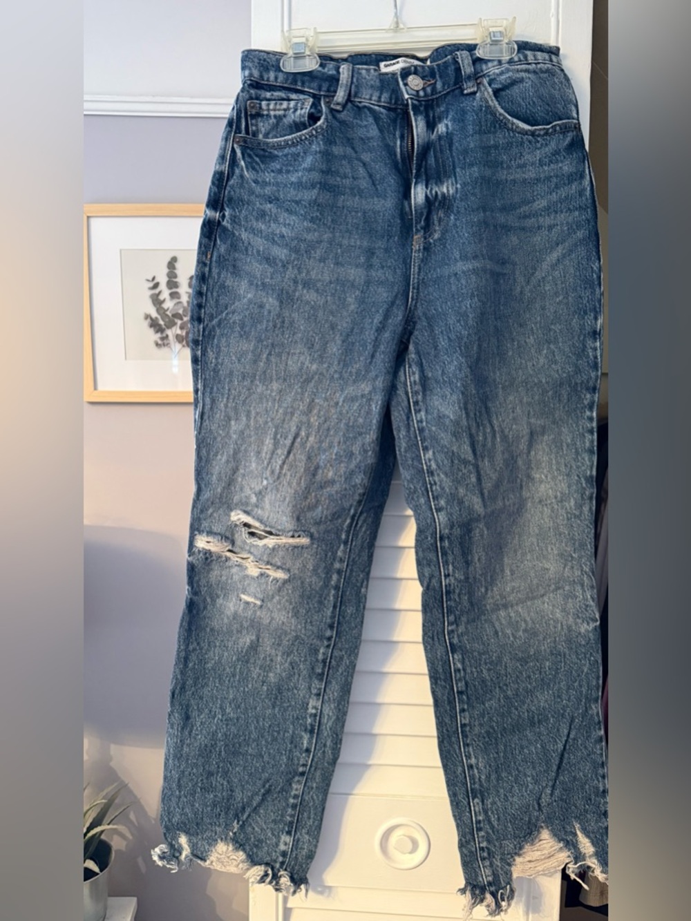 Garage Distressed Straight Leg Jeans in Washed Blue